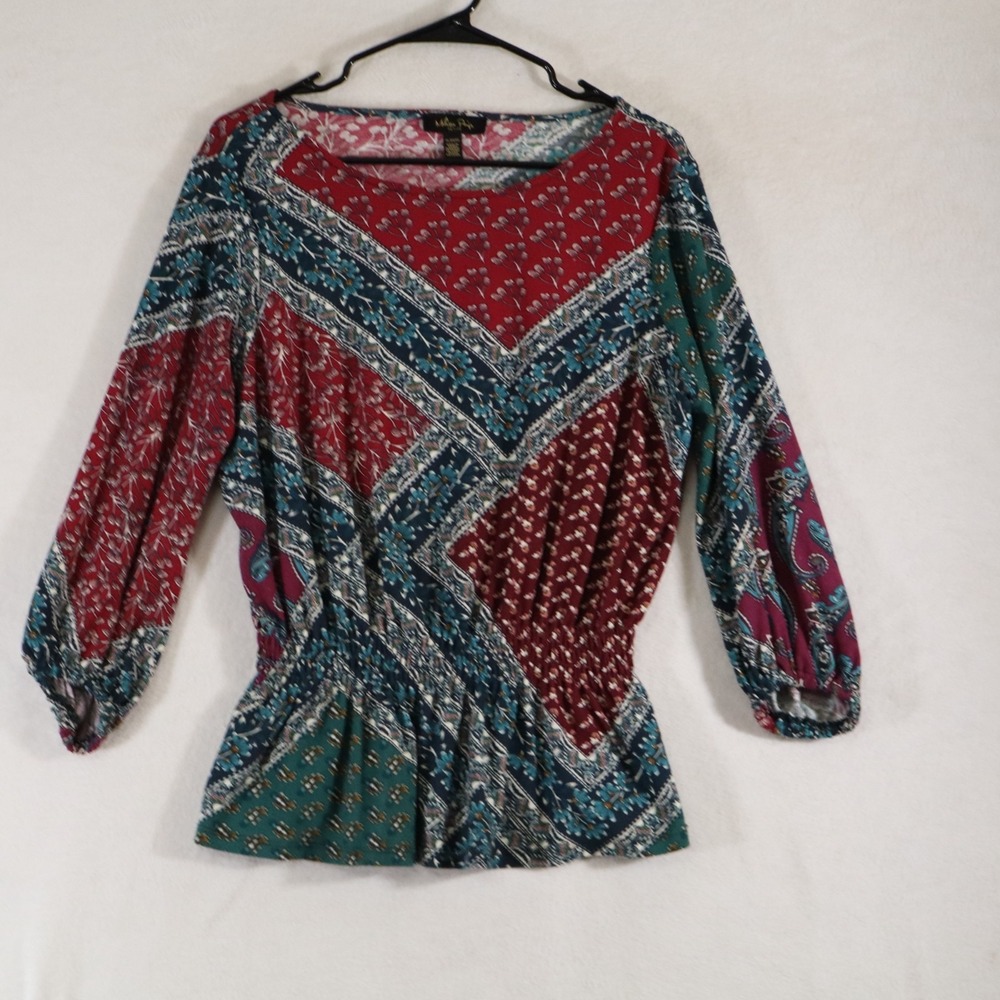 Melissa Paige Petite Women's PL Boho Patchwork Print Top Smocked Waist 3/4